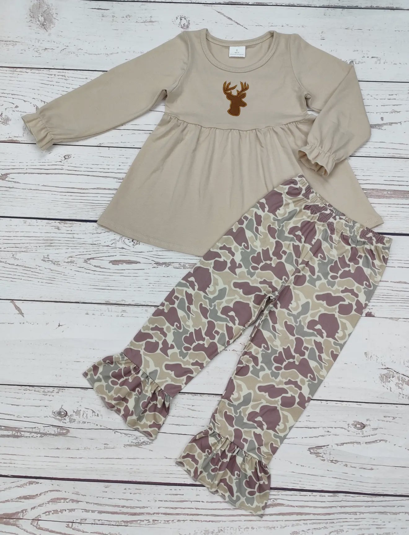 Girls Deer Appliqué Camo Pants Set