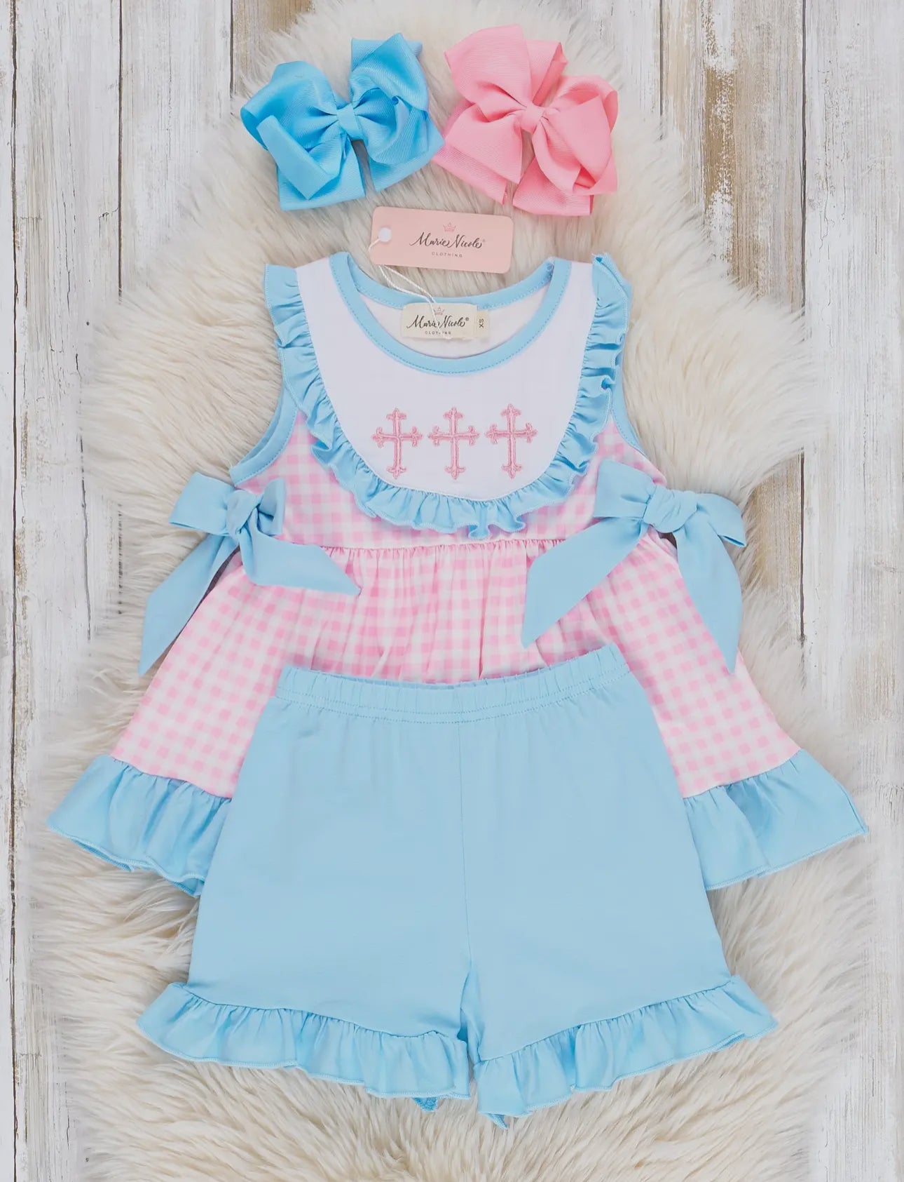 Blue and Pink Gingham Cross Ruffle Set