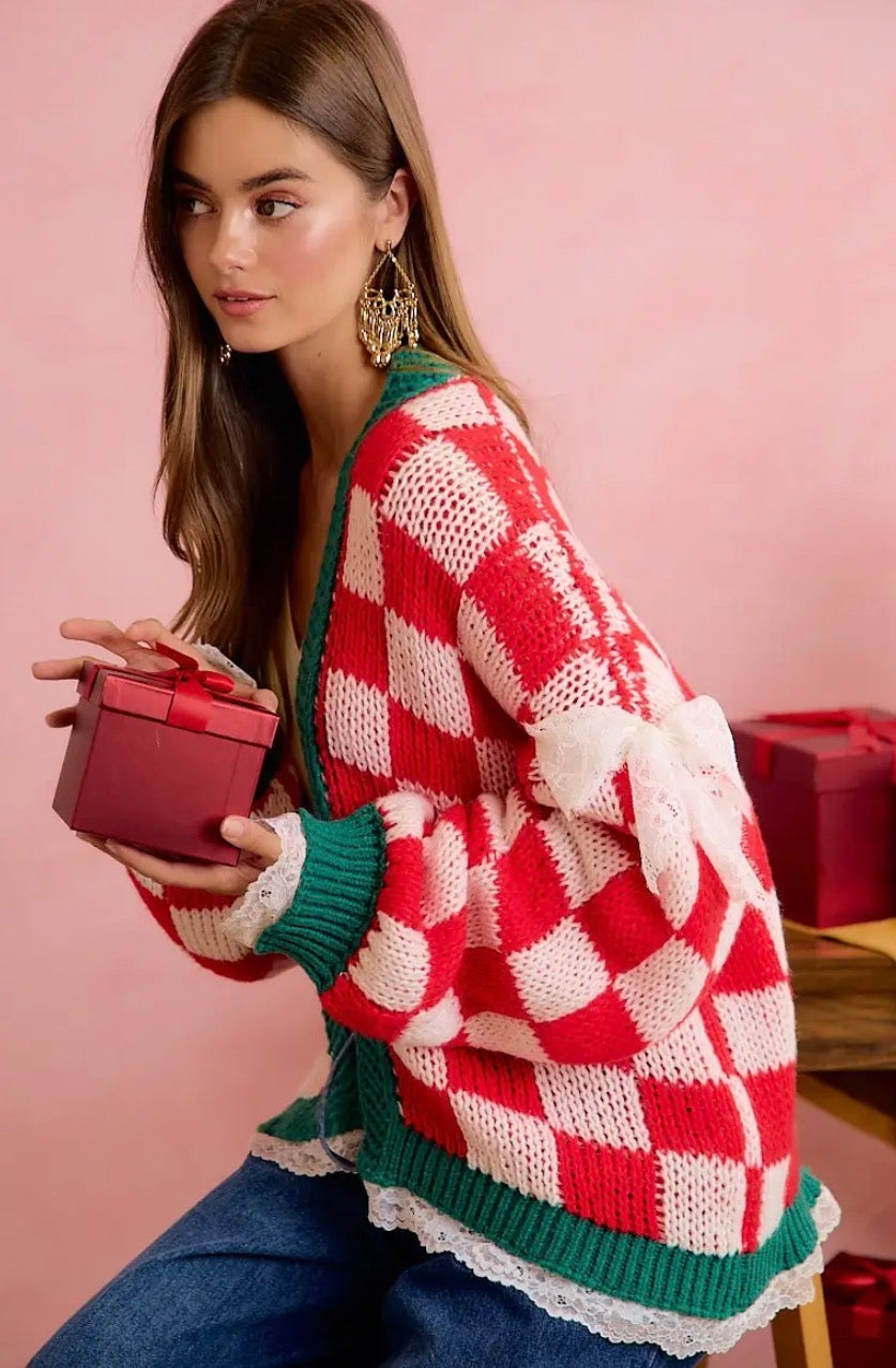 Christmas Checkerboard Lace Trim Bow Cardigan