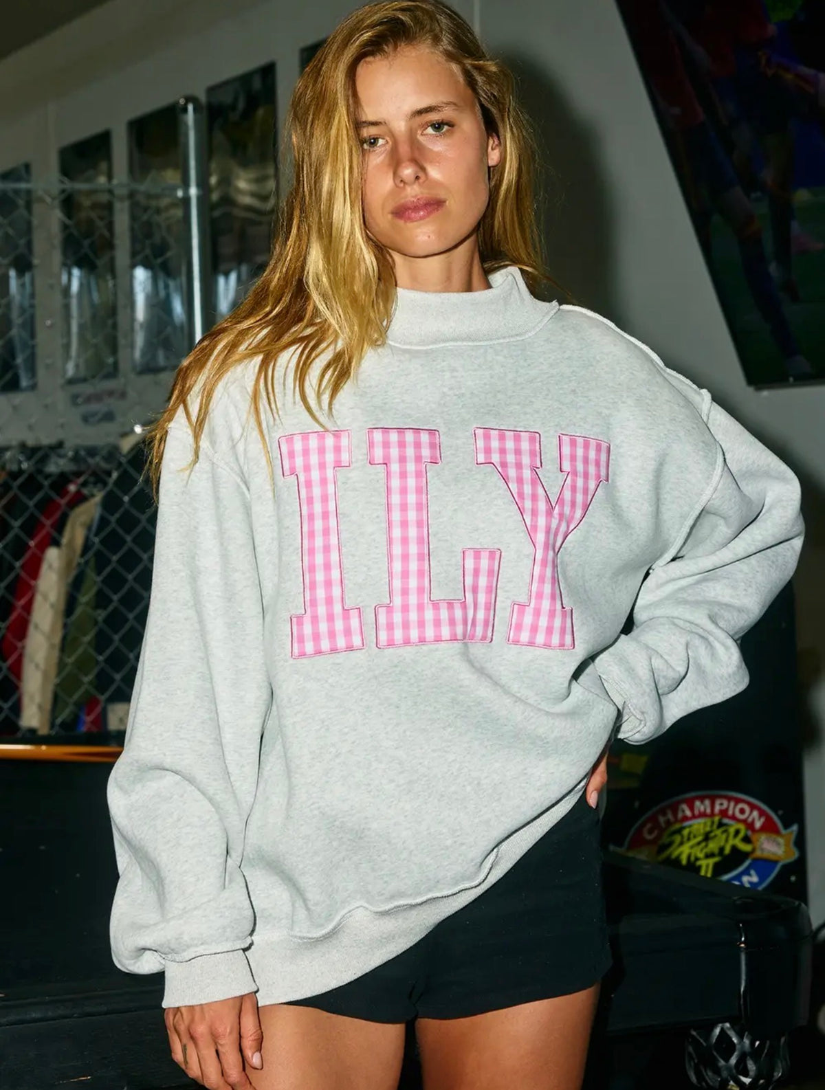 ILY Gingham-Patch Mock-Neck Sweatshirt