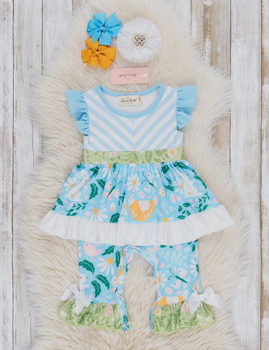 Blue Striped Chicken Ruffle Romper