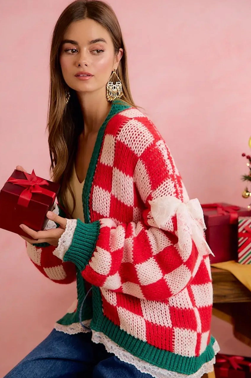 Christmas Checkerboard Lace Trim Bow Cardigan