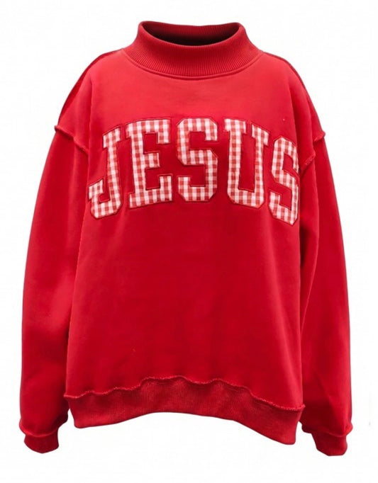 JESUS Gingham Applique Mock-Neck Sweatshirt