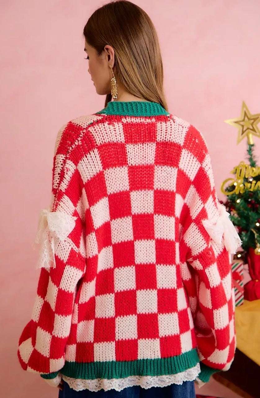 Christmas Checkerboard Lace Trim Bow Cardigan