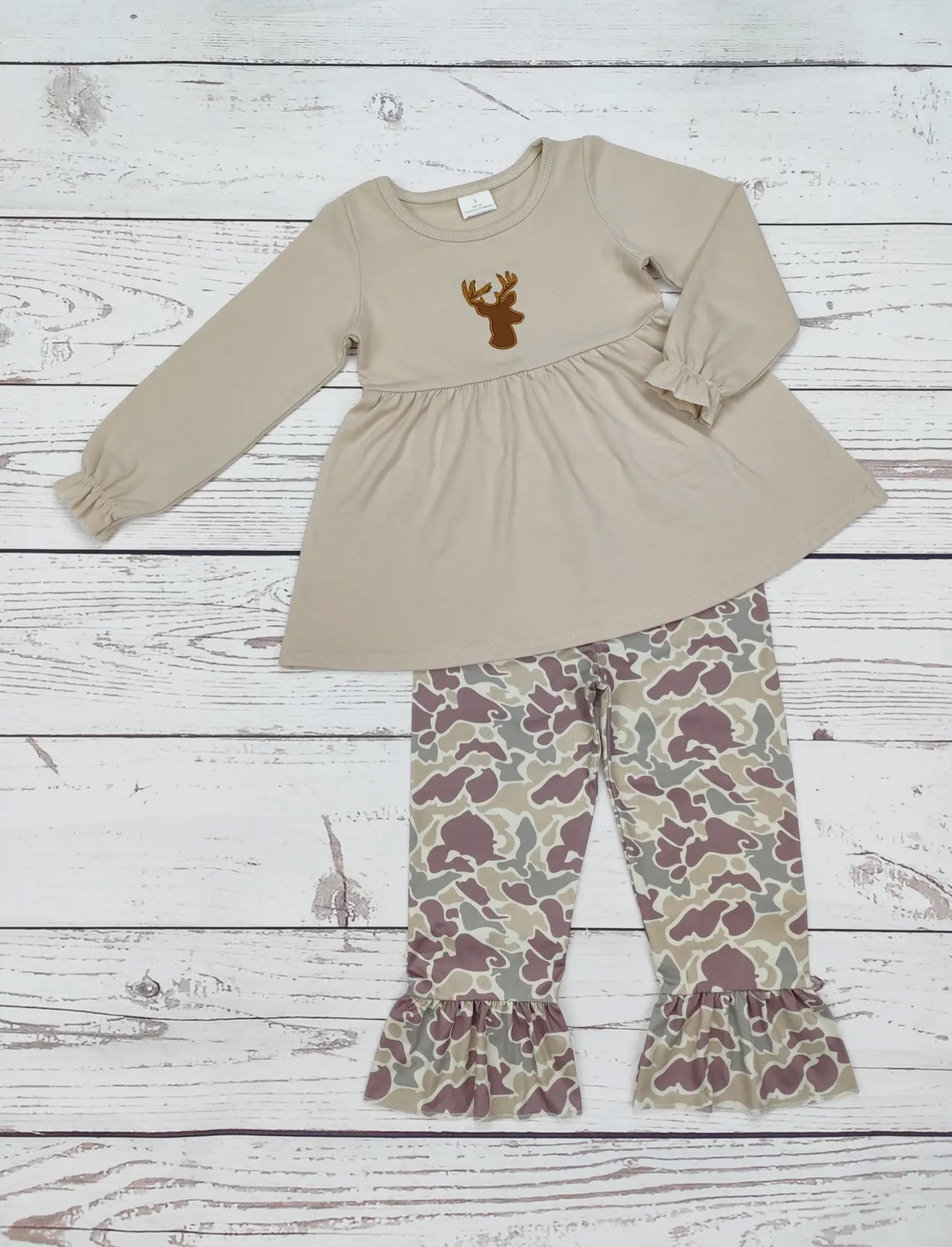 Girls Deer Appliqué Camo Pants Set