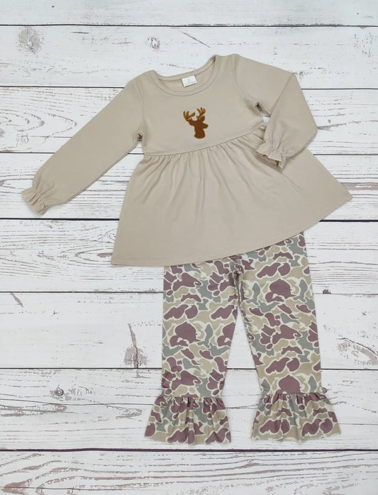 Girls Deer Appliqué Camo Pants Set