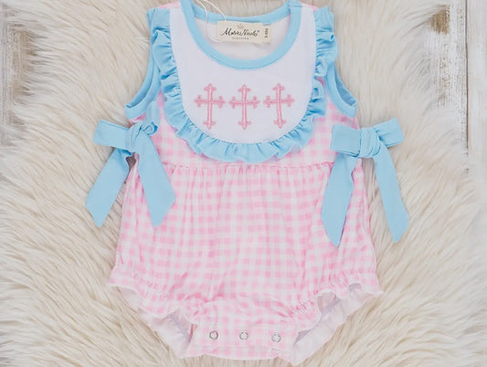 Blue and Pink Gingham Cross Ruffle Bubble