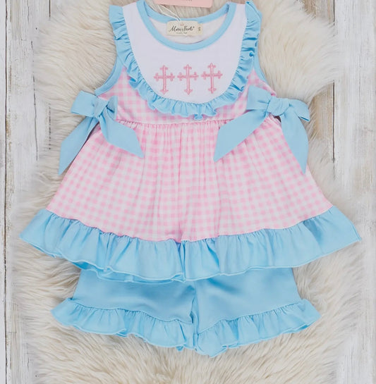 Blue and Pink Gingham Cross Ruffle Set