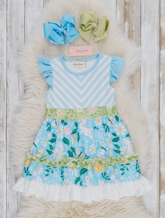 Blue Striped Chicken Ruffle Dress